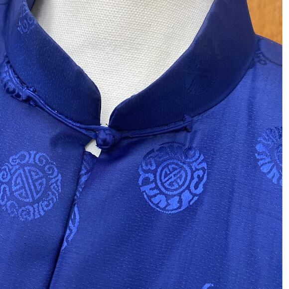 Vintage Blue Kimono Brocade Oriental Puffer Coat Smoking Jacket XL Chinese - Picture 3 of 15